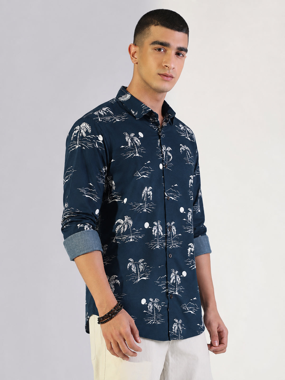 Men’s Tropical Printed Navy Blue Slim Fit Long Sleeves Shirt with Spread Collar