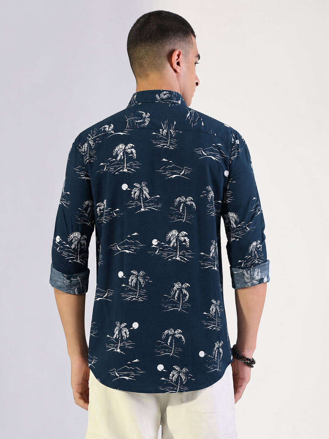 Men’s Tropical Printed Navy Blue Slim Fit Long Sleeves Shirt with Spread Collar