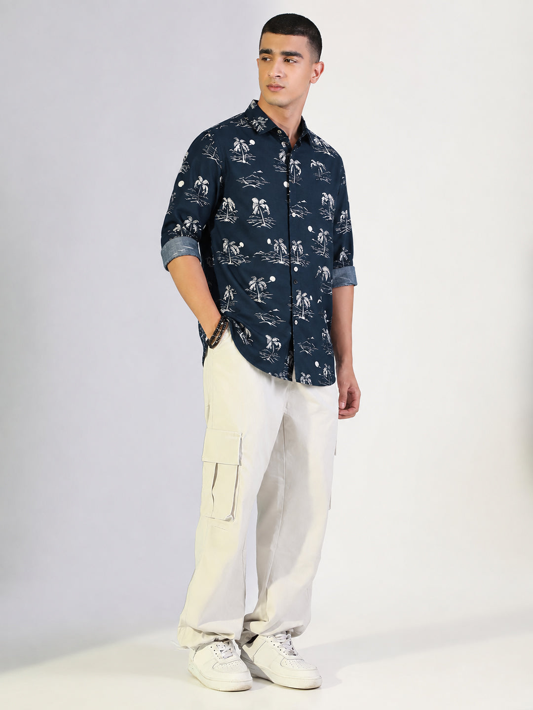 Men’s Tropical Printed Navy Blue Slim Fit Long Sleeves Shirt with Spread Collar