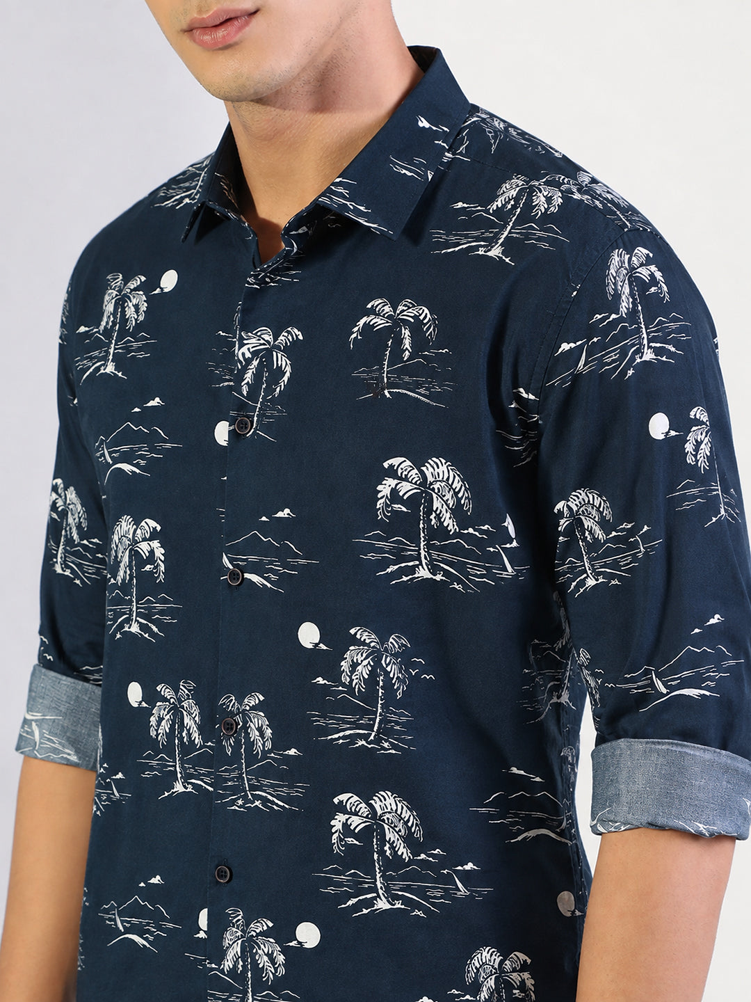 Men’s Tropical Printed Navy Blue Slim Fit Long Sleeves Shirt with Spread Collar