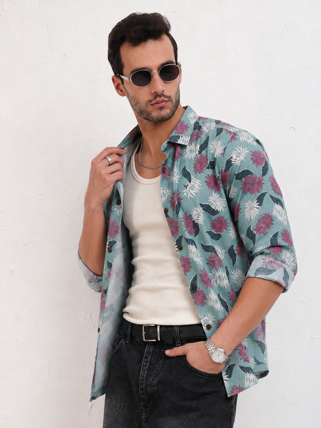 Men’s Tropical Leaf Printed Green Slim Fit Long Sleeves Shirt with Spread Collar
