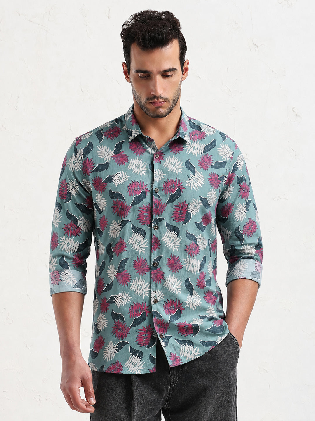 Men’s Tropical Leaf Printed Green Slim Fit Long Sleeves Shirt with Spread Collar
