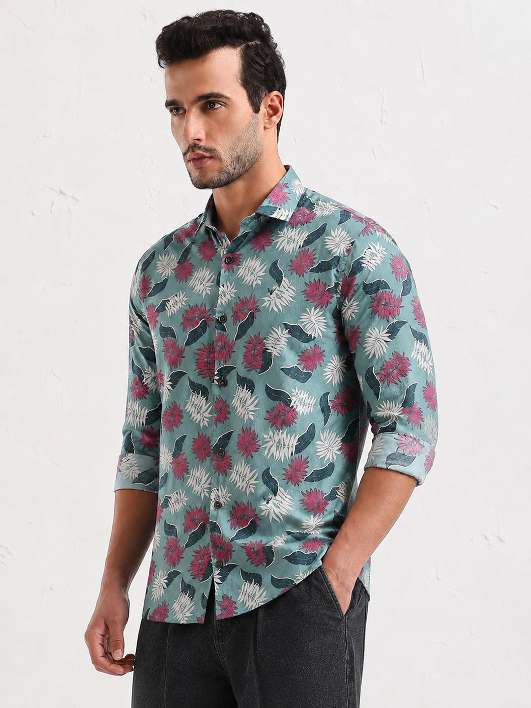 Men’s Tropical Leaf Printed Green Slim Fit Long Sleeves Shirt with Spread Collar