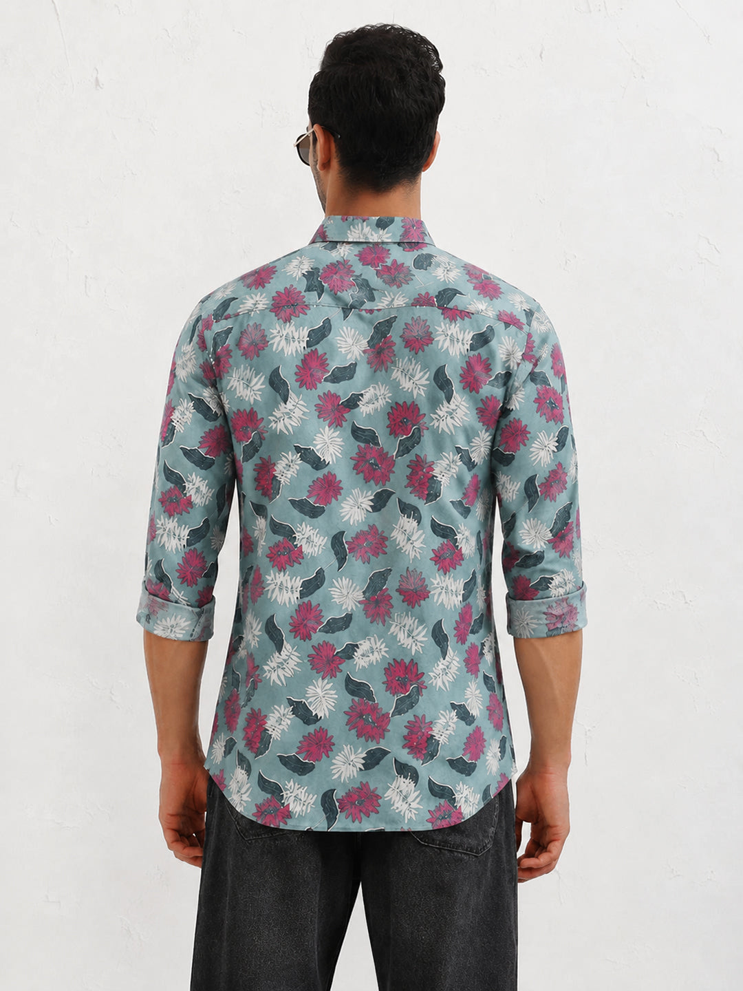 Men’s Tropical Leaf Printed Green Slim Fit Long Sleeves Shirt with Spread Collar