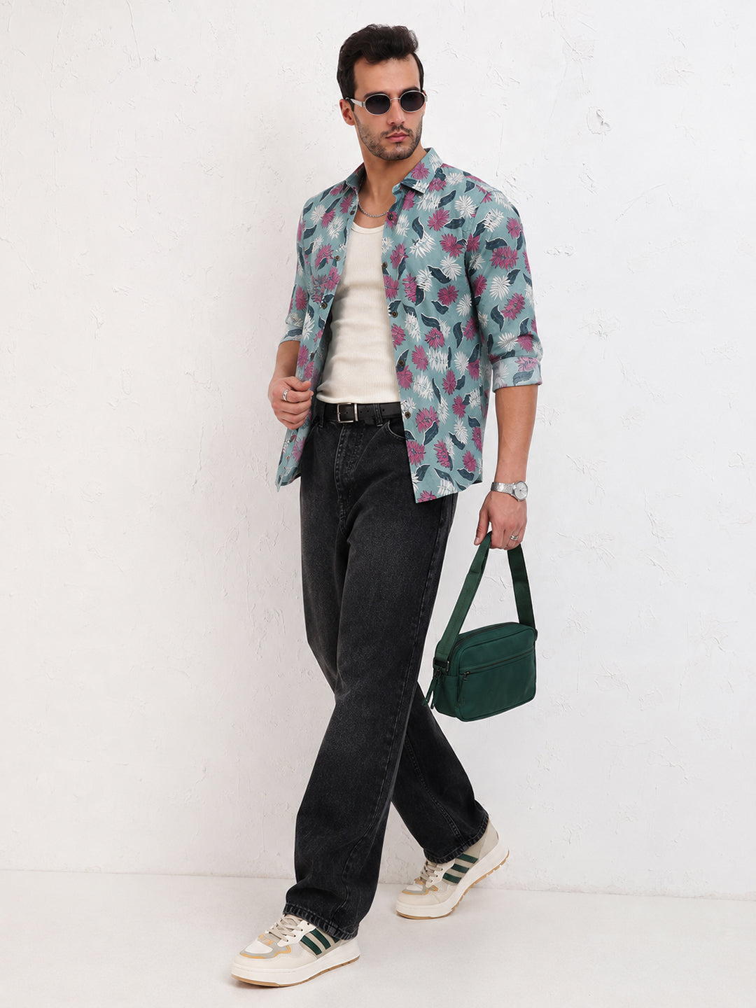 Men’s Tropical Leaf Printed Green Slim Fit Long Sleeves Shirt with Spread Collar