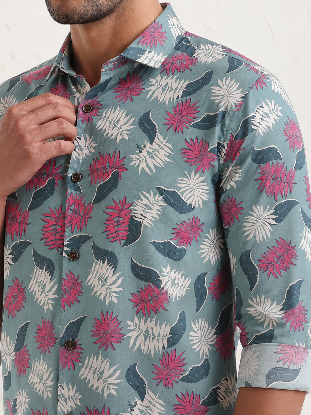 Men’s Tropical Leaf Printed Green Slim Fit Long Sleeves Shirt with Spread Collar