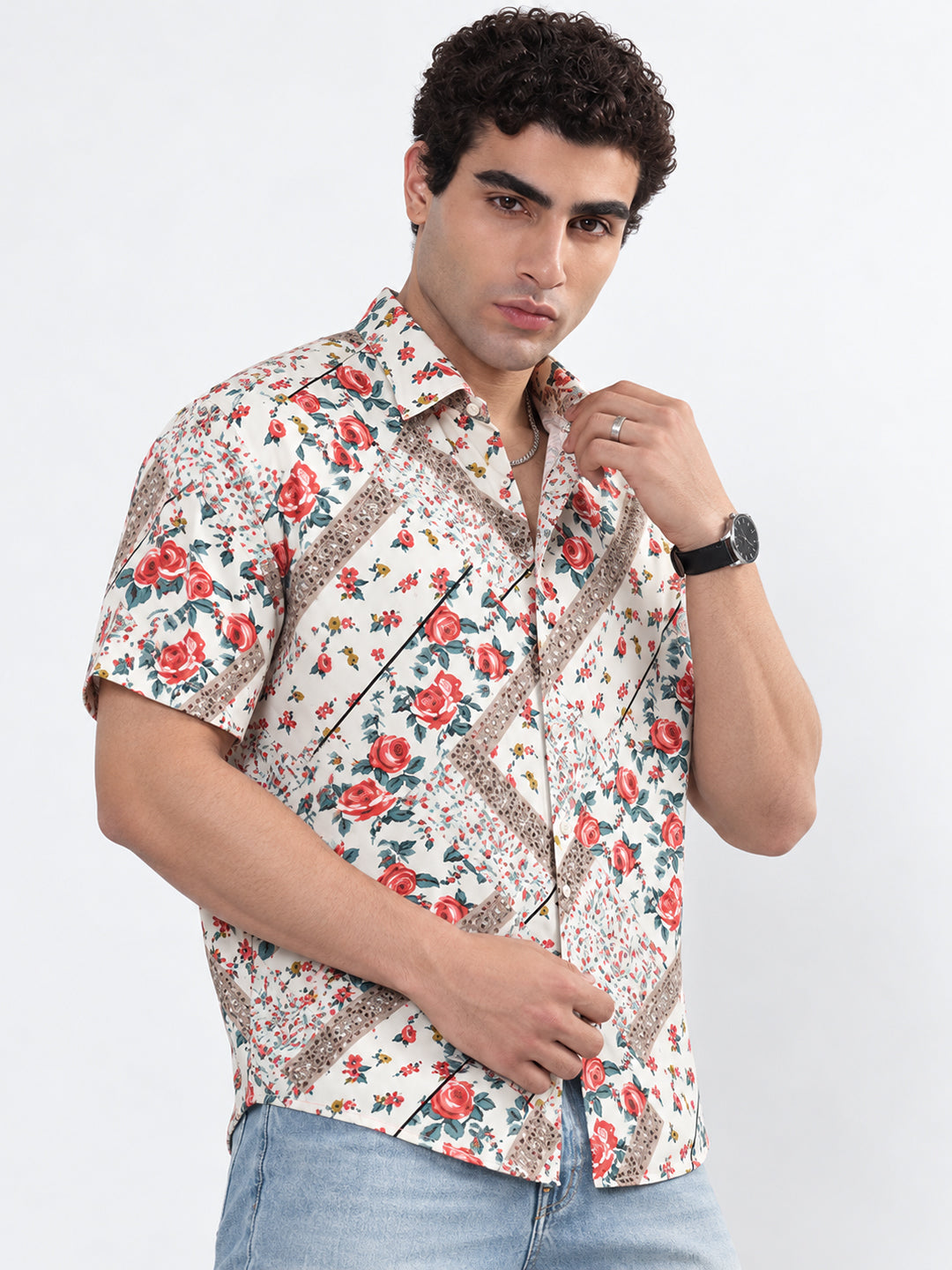 Men’s Floral White Regular Fit Short Sleeves Shirt