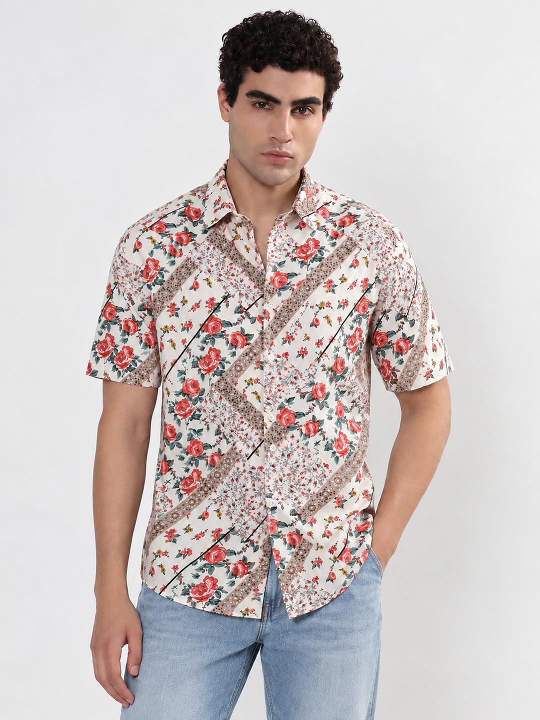 Men’s Floral White Regular Fit Short Sleeves Shirt