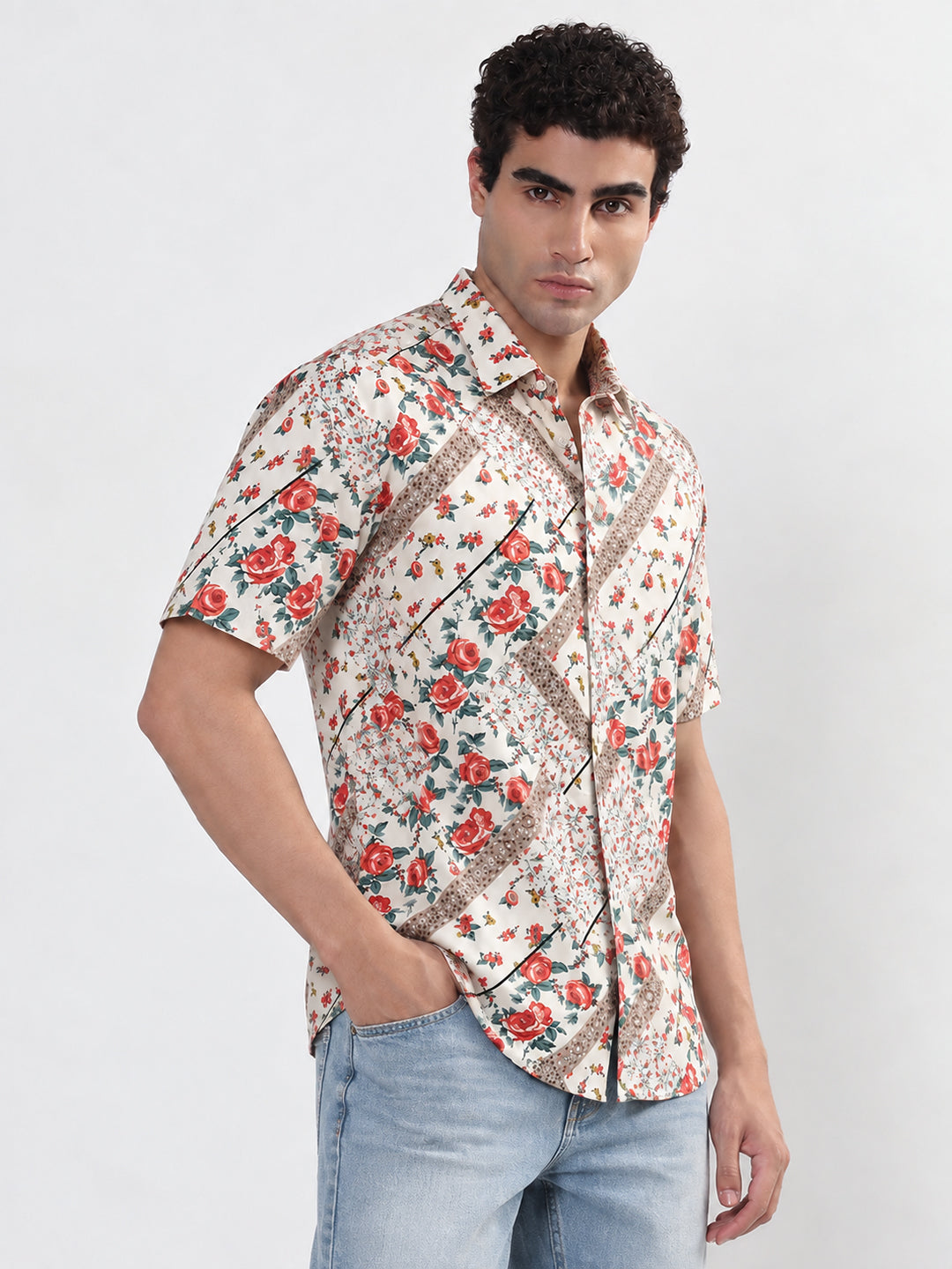 Men’s Floral White Regular Fit Short Sleeves Shirt