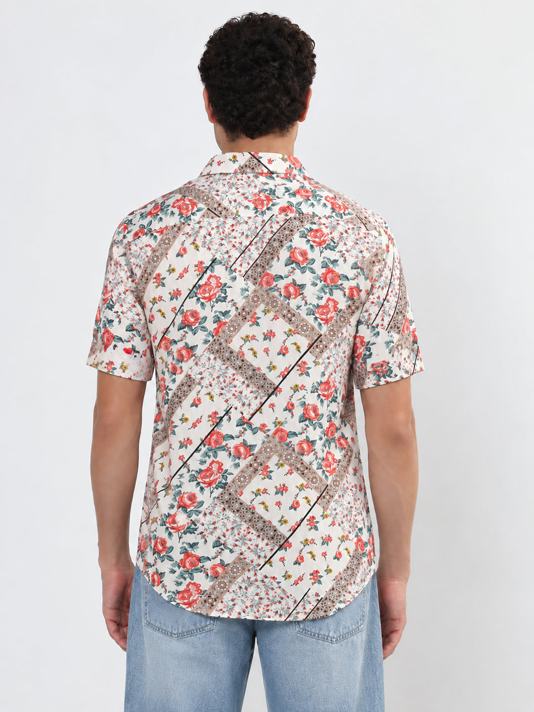 Men’s Floral White Regular Fit Short Sleeves Shirt