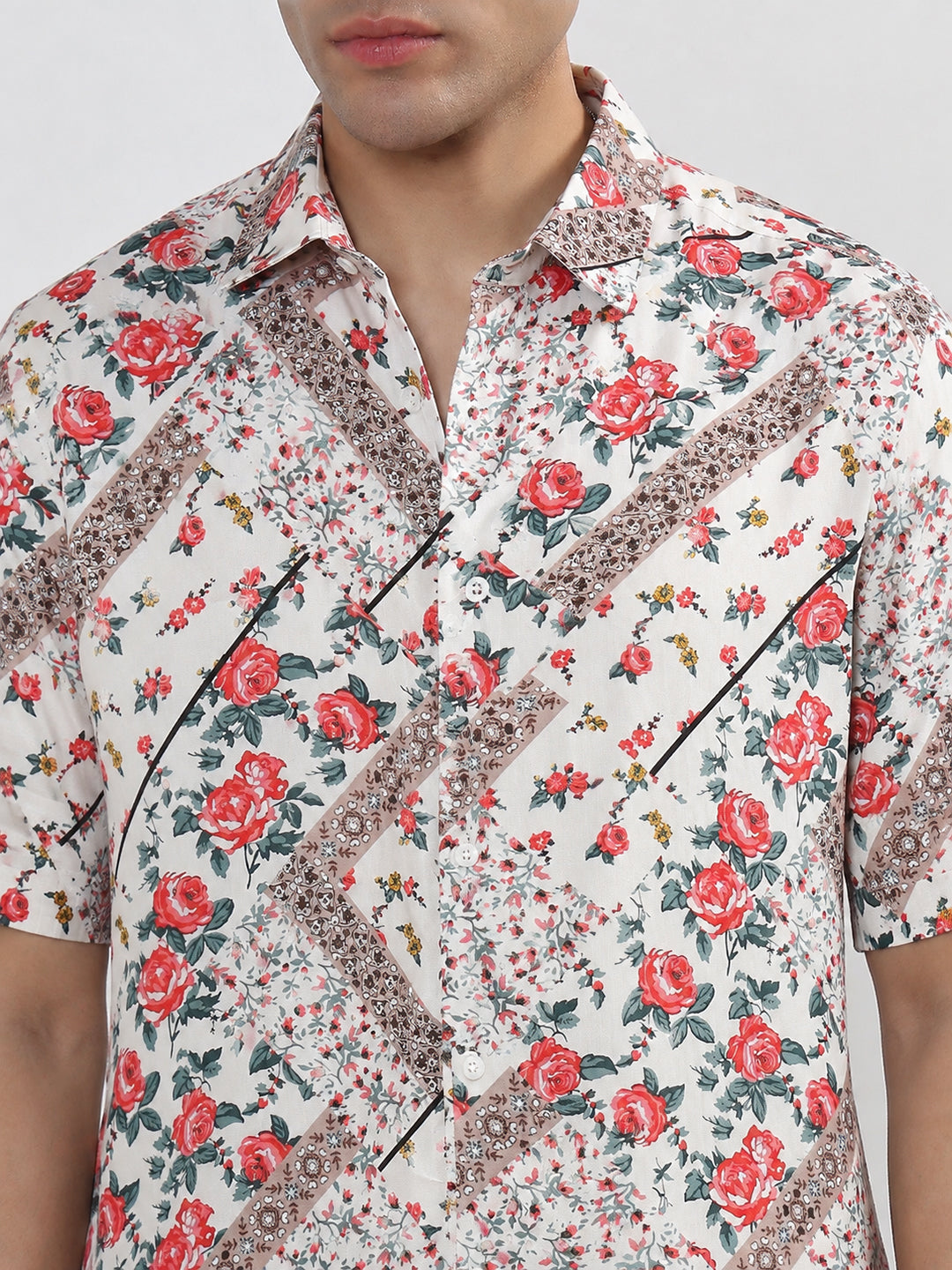 Men’s Floral White Regular Fit Short Sleeves Shirt