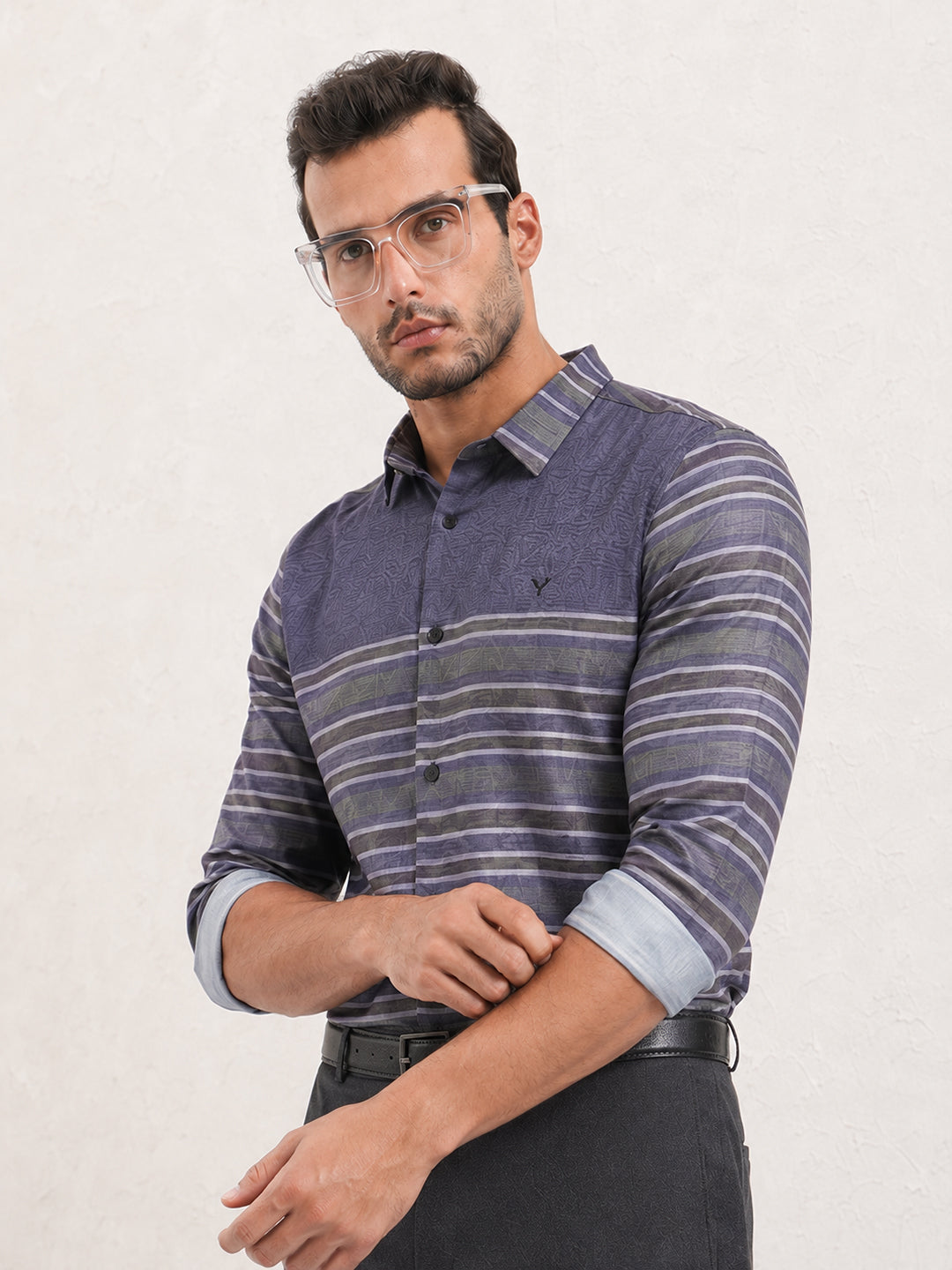 Men’s Horizontal Striped Grey Long Sleeves Casual Shirt