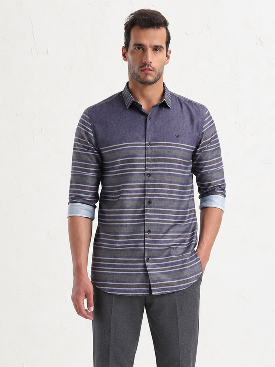 Men’s Horizontal Striped Grey Long Sleeves Casual Shirt