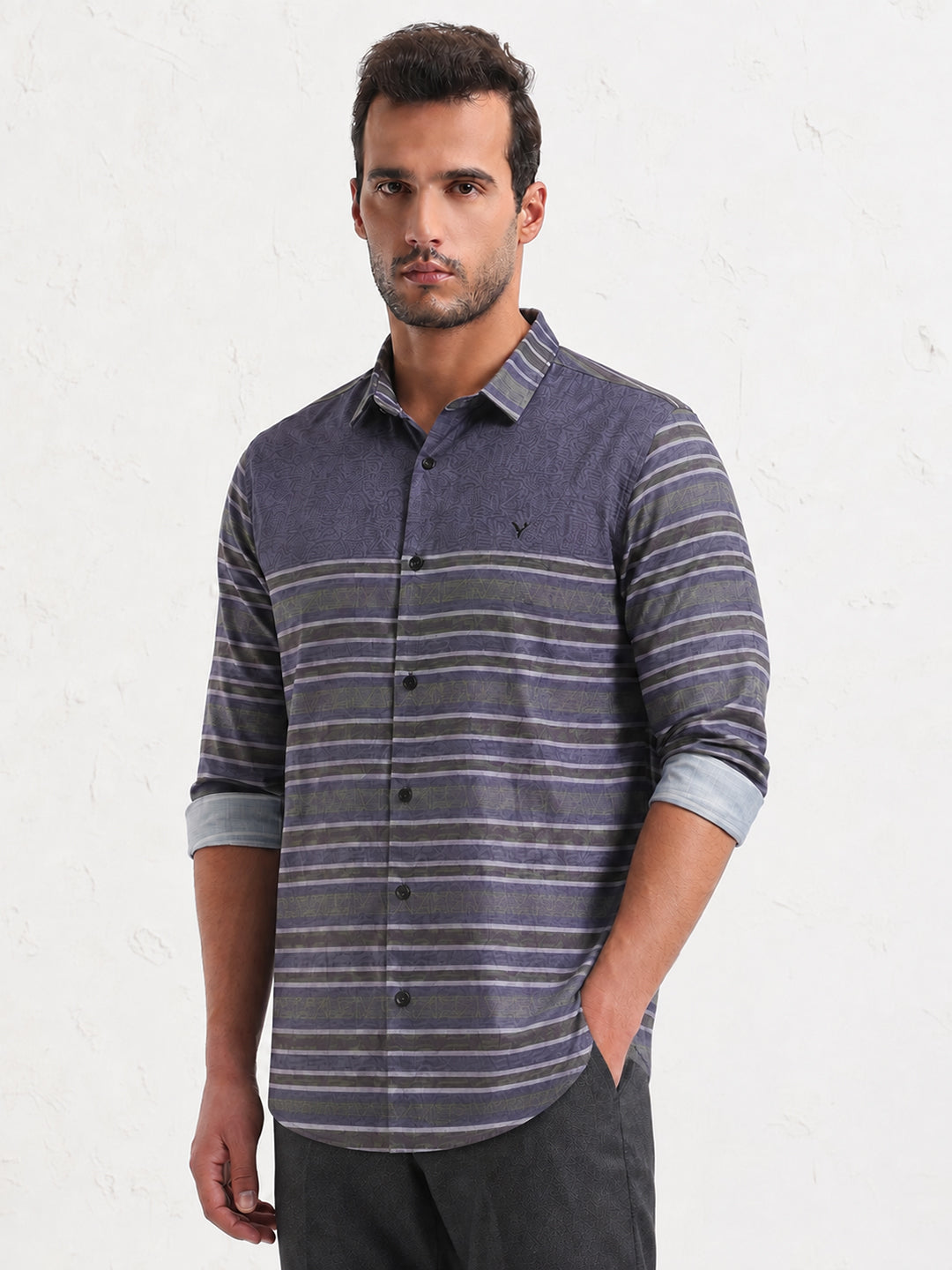 Men’s Horizontal Striped Grey Long Sleeves Casual Shirt