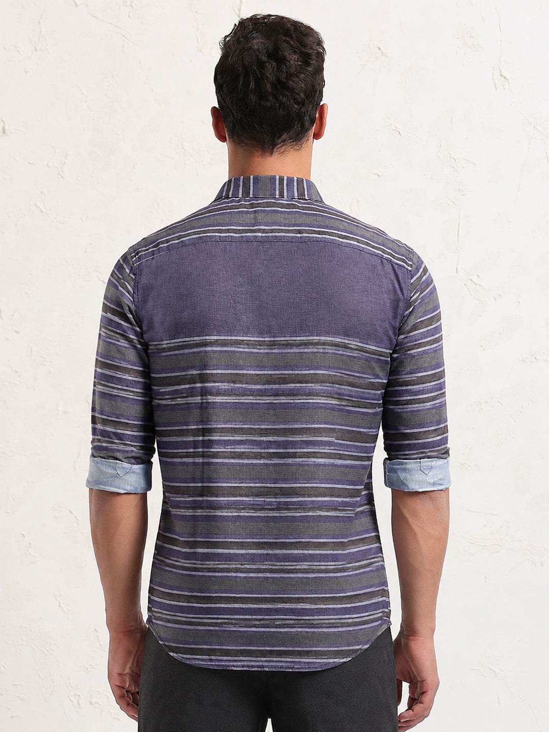 Men’s Horizontal Striped Grey Long Sleeves Casual Shirt