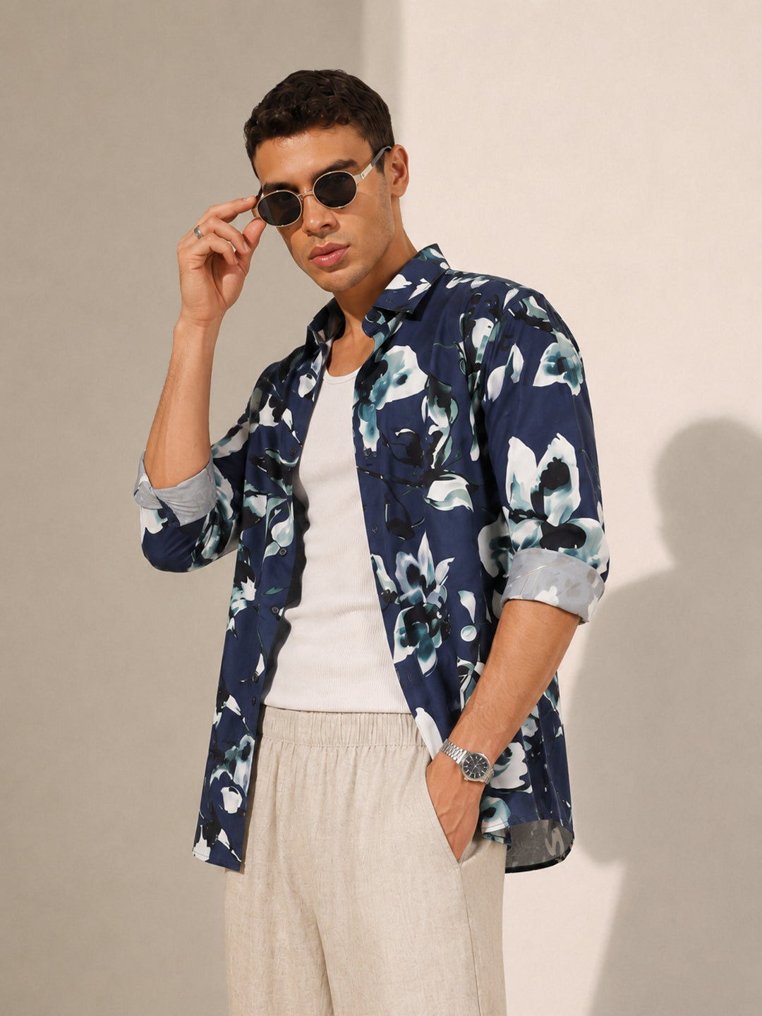 Men’s Floral Printed Blue Slim Fit Long Sleeves Casual Shirt