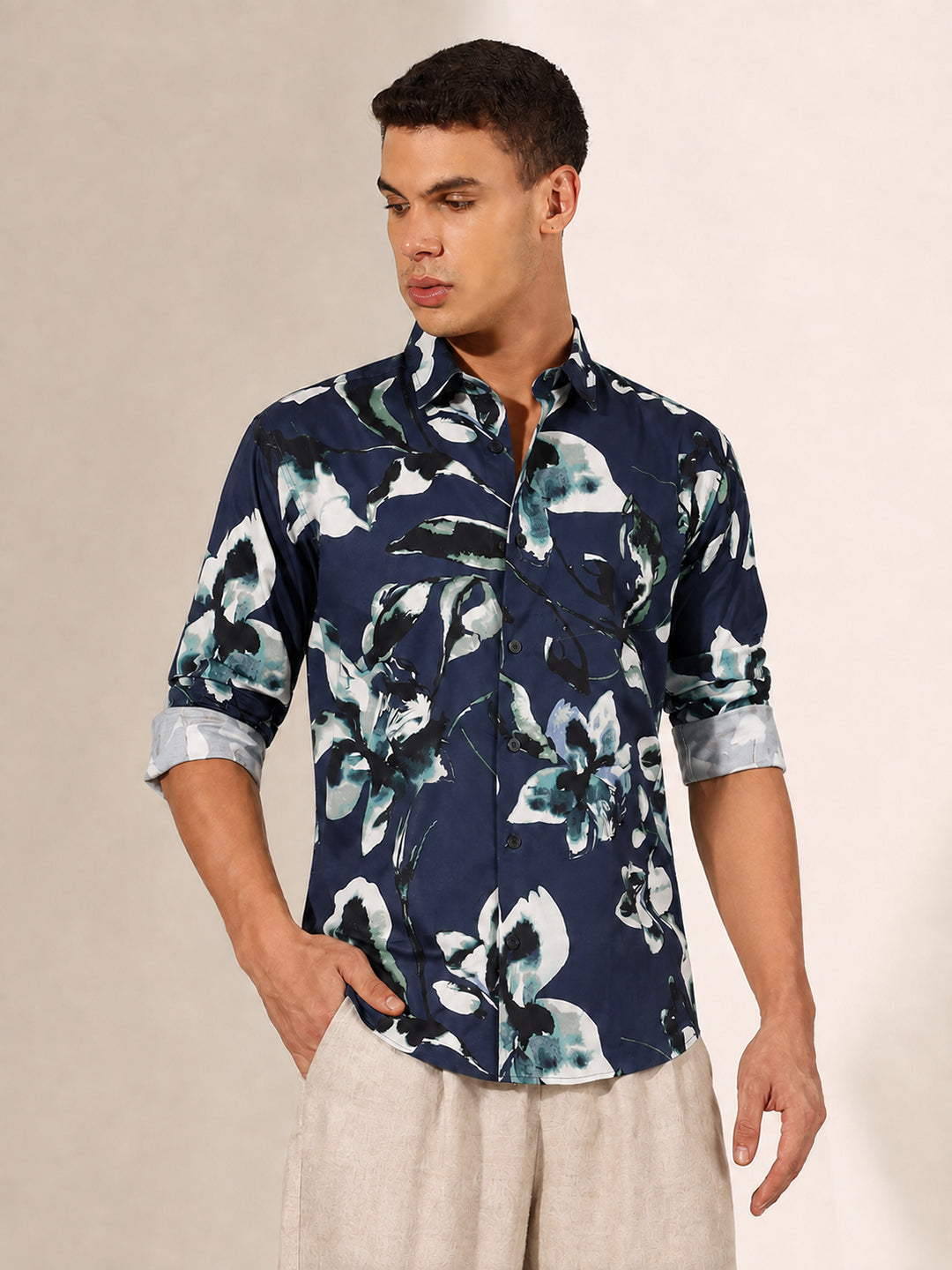 Men’s Floral Printed Blue Slim Fit Long Sleeves Casual Shirt