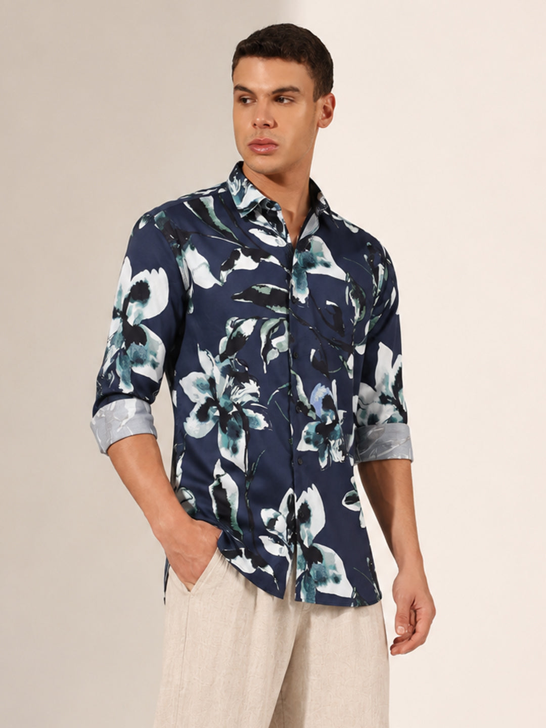 Men’s Floral Printed Blue Slim Fit Long Sleeves Casual Shirt