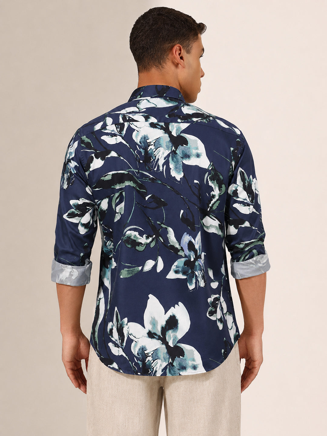 Men’s Floral Printed Blue Slim Fit Long Sleeves Casual Shirt