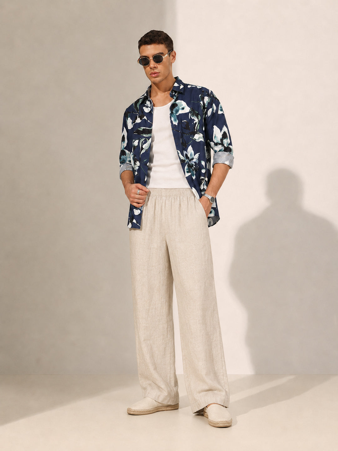 Men’s Floral Printed Blue Slim Fit Long Sleeves Casual Shirt