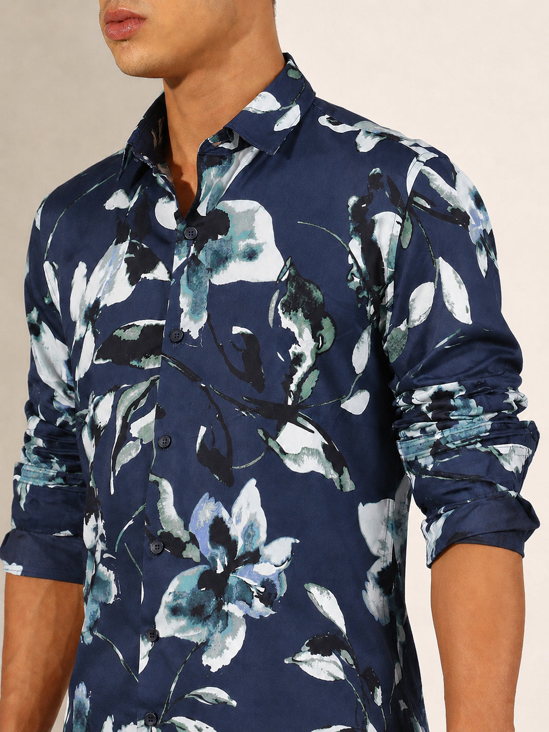 Men’s Floral Printed Blue Slim Fit Long Sleeves Casual Shirt
