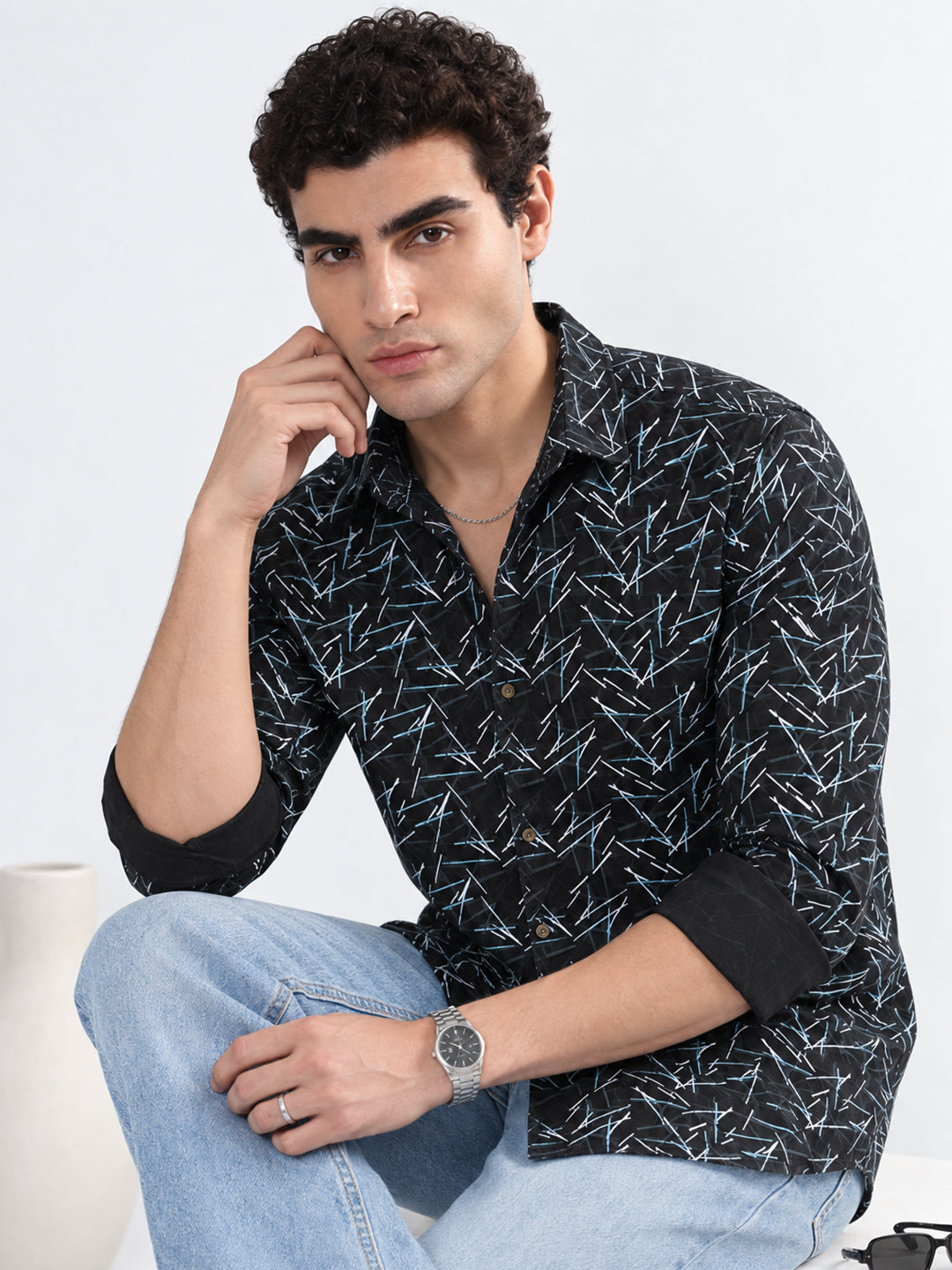 Men’s Printed Black Slim Fit Long Sleeves Shirt