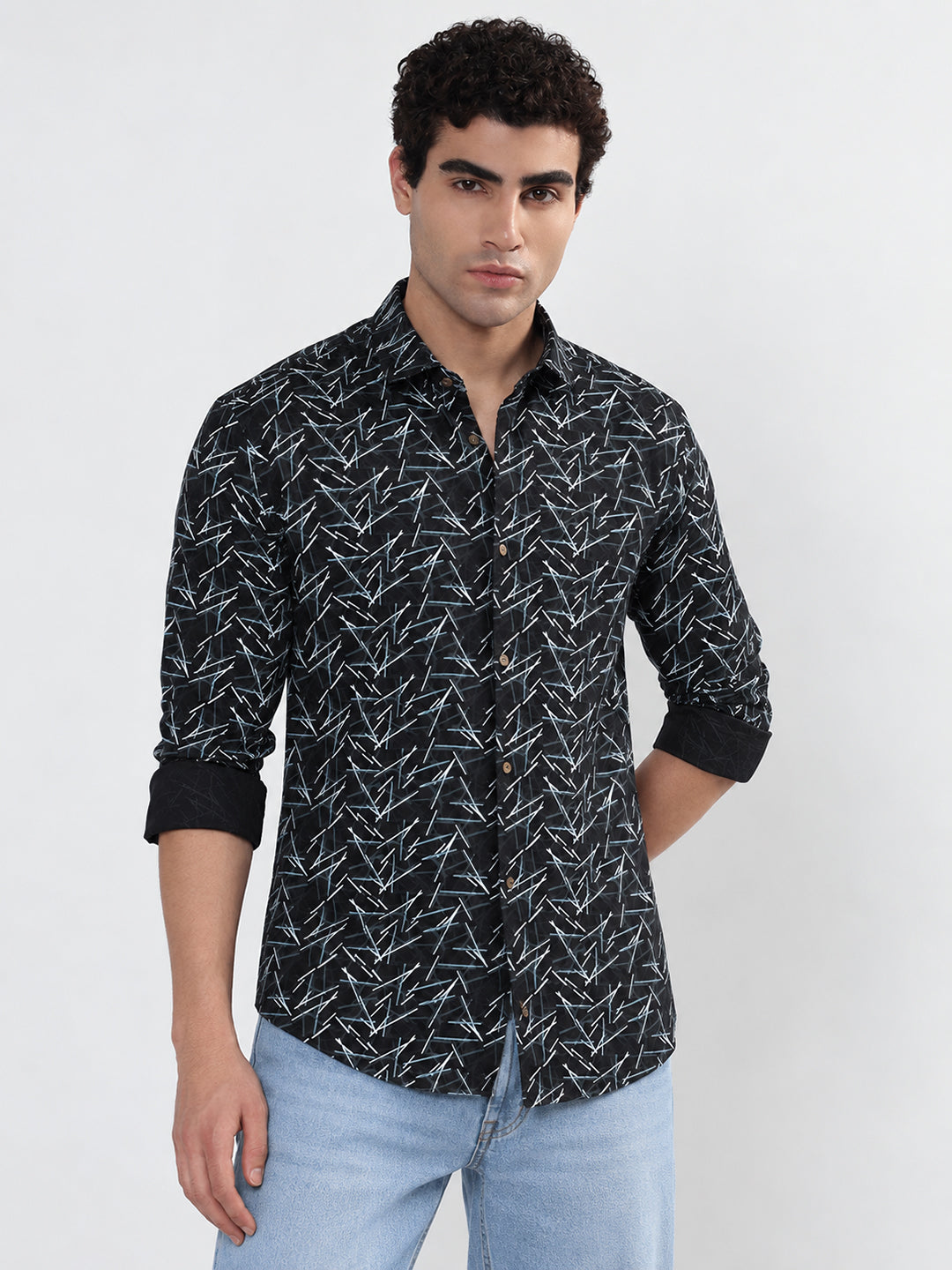 Men’s Printed Black Slim Fit Long Sleeves Shirt
