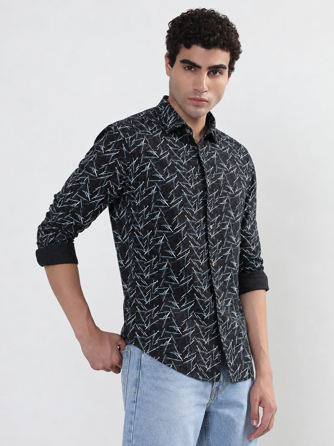 Men’s Printed Black Slim Fit Long Sleeves Shirt
