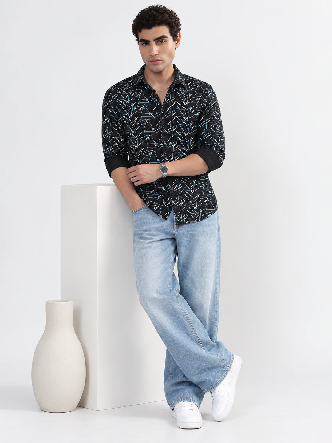 Men’s Printed Black Slim Fit Long Sleeves Shirt