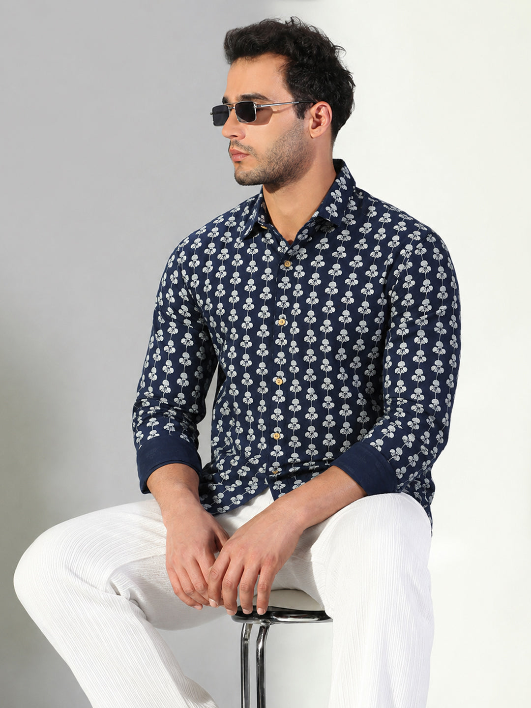 Men’s Floral Printed Navy Blue Slim Fit Long Sleeves Shirt with Spread Collar