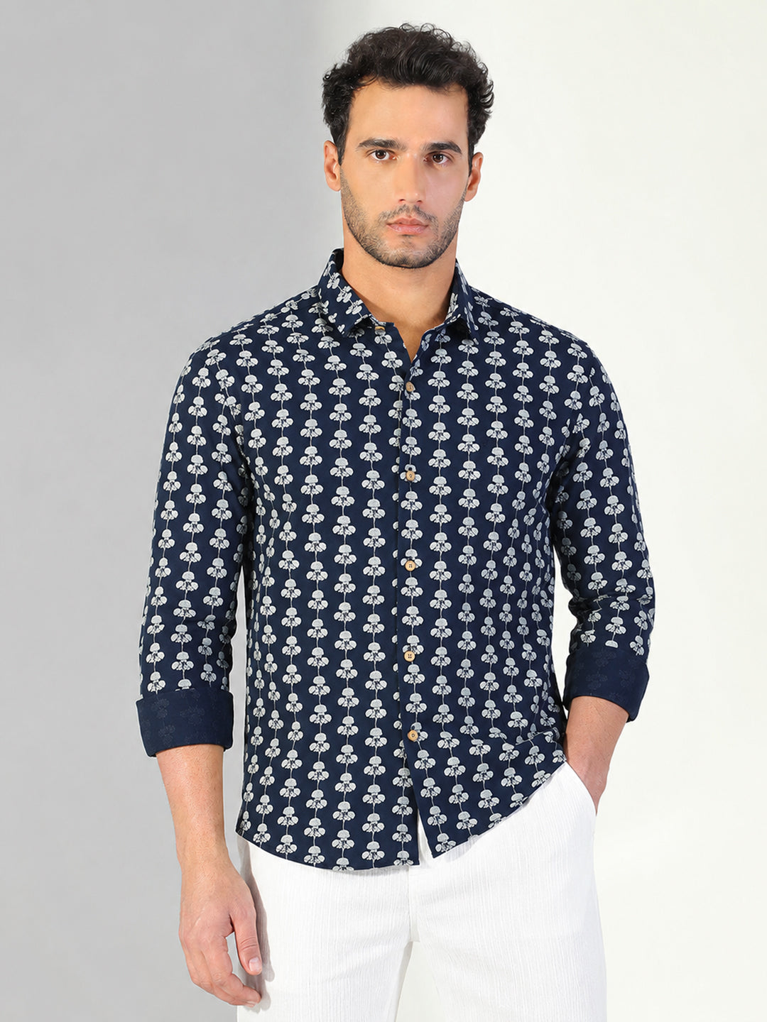 Men’s Floral Printed Navy Blue Slim Fit Long Sleeves Shirt with Spread Collar