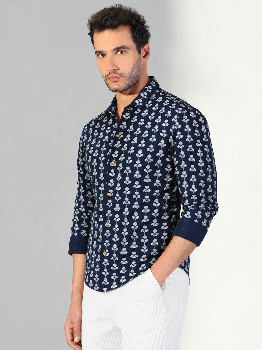Men’s Floral Printed Navy Blue Slim Fit Long Sleeves Shirt with Spread Collar