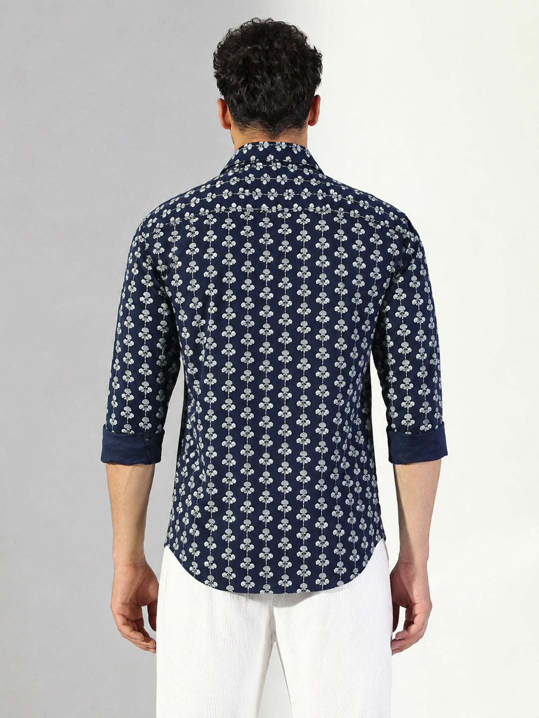 Men’s Floral Printed Navy Blue Slim Fit Long Sleeves Shirt with Spread Collar