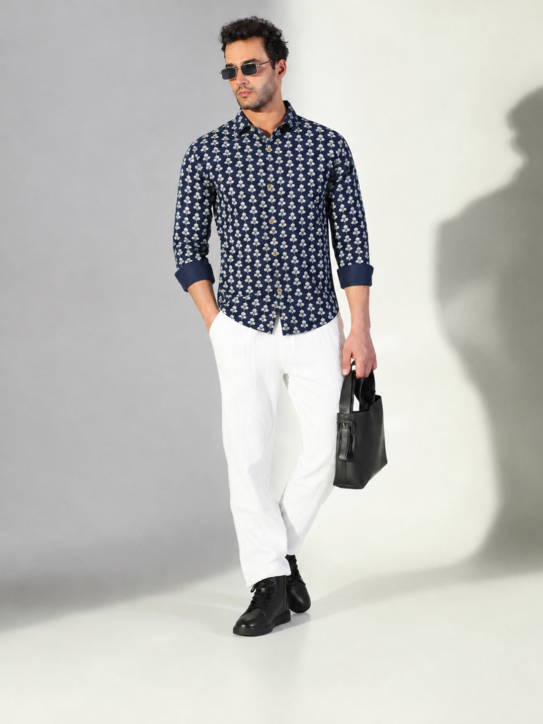 Men’s Floral Printed Navy Blue Slim Fit Long Sleeves Shirt with Spread Collar