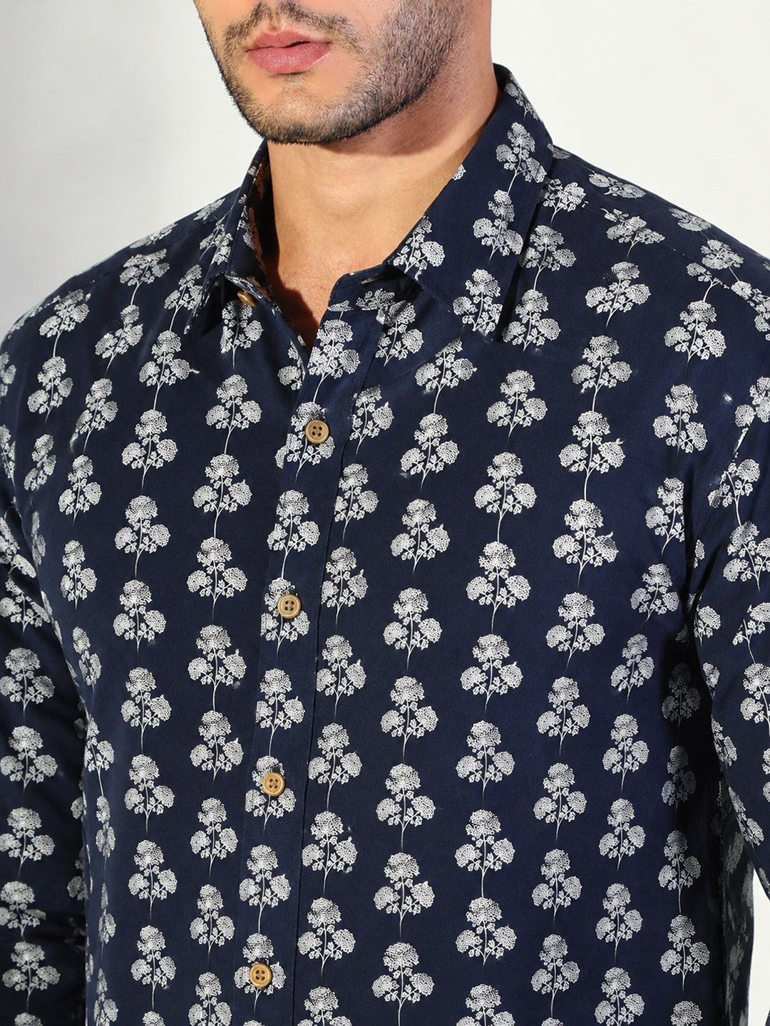 Men’s Floral Printed Navy Blue Slim Fit Long Sleeves Shirt with Spread Collar