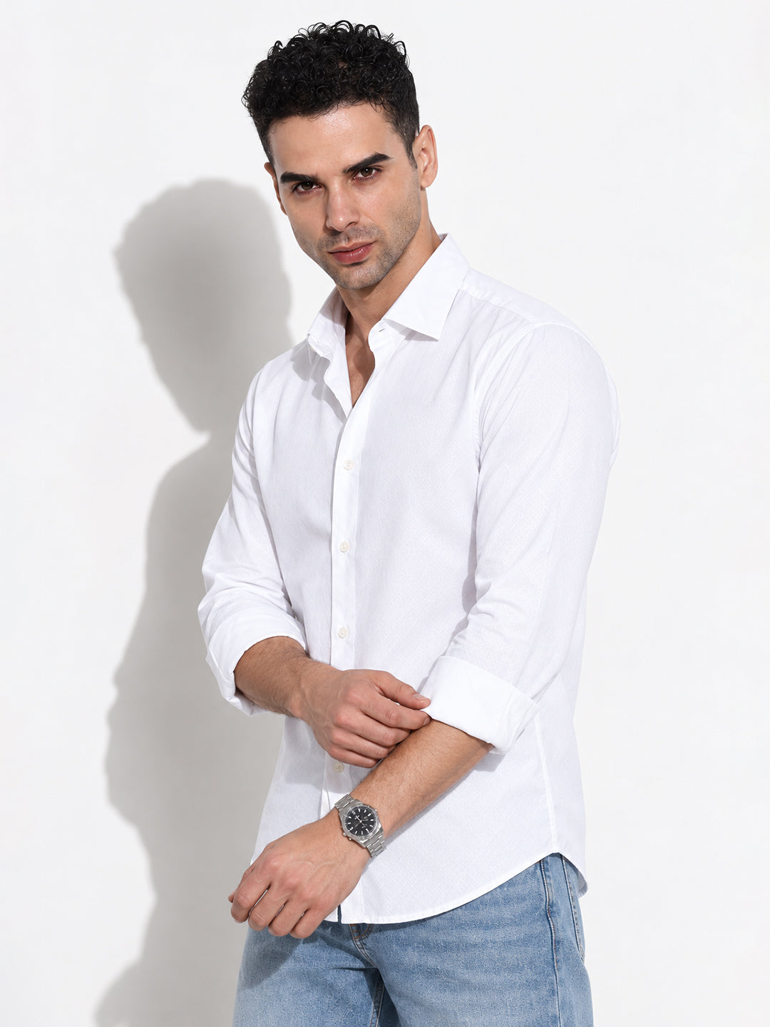 Men’s White Slim Fit Textured Long Sleeves Shirt