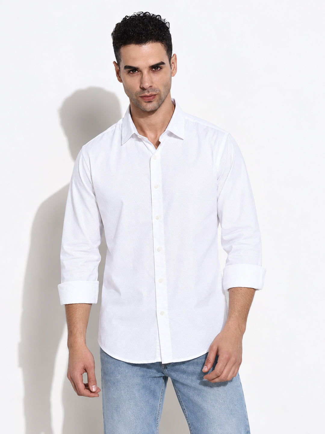 Men’s White Slim Fit Textured Long Sleeves Shirt