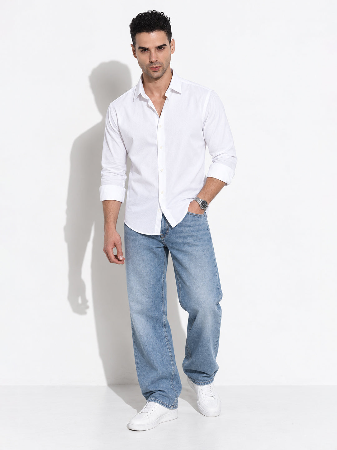 Men’s White Slim Fit Textured Long Sleeves Shirt