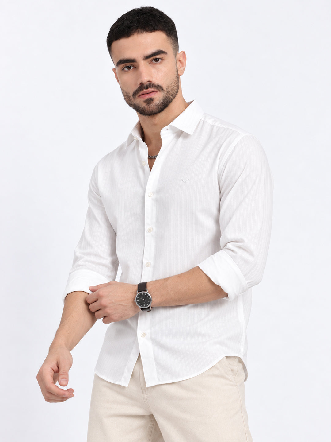 Men’s Textured White Slim Fit Long Sleeves Shirt