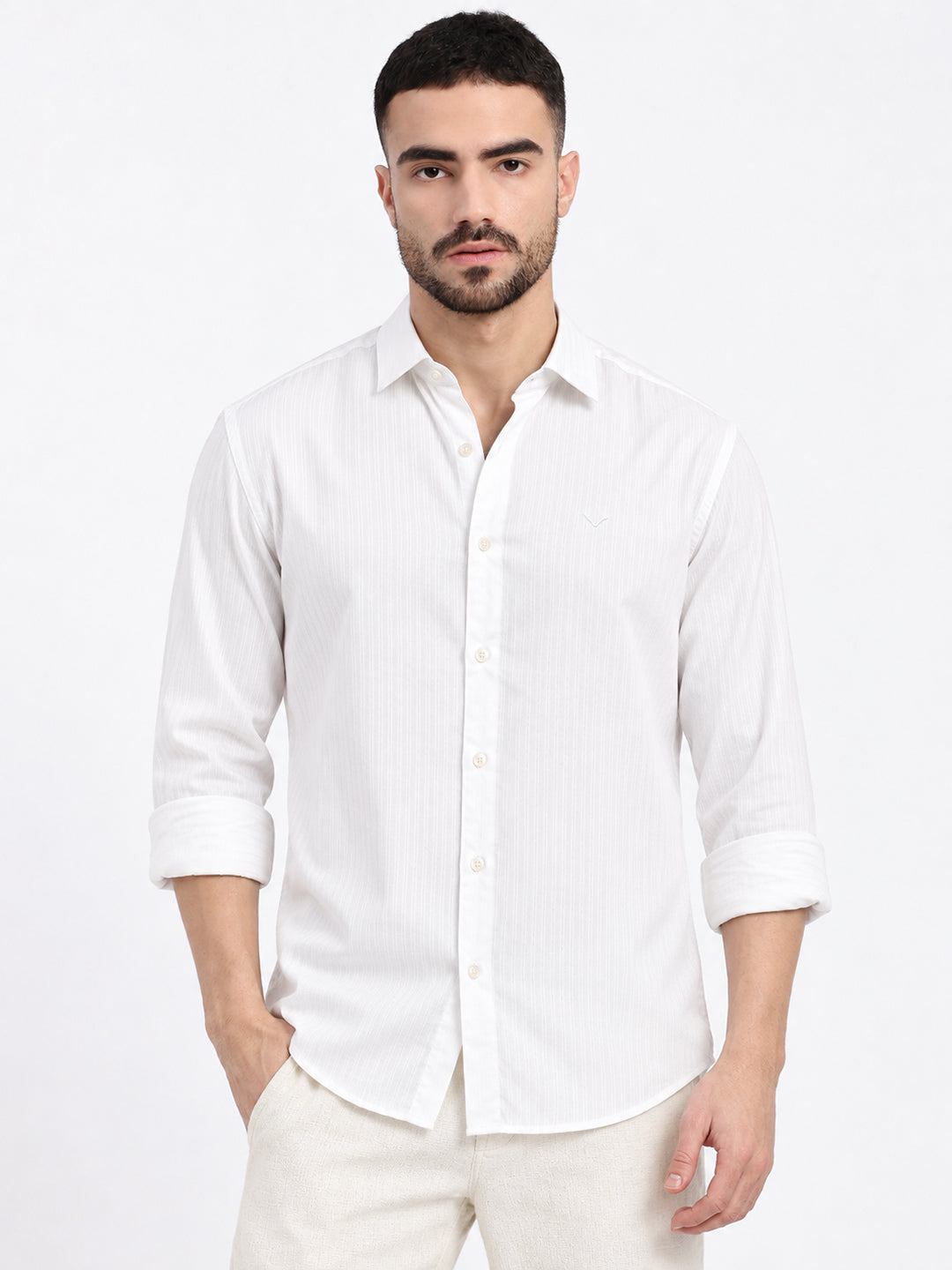 Men’s Textured White Slim Fit Long Sleeves Shirt