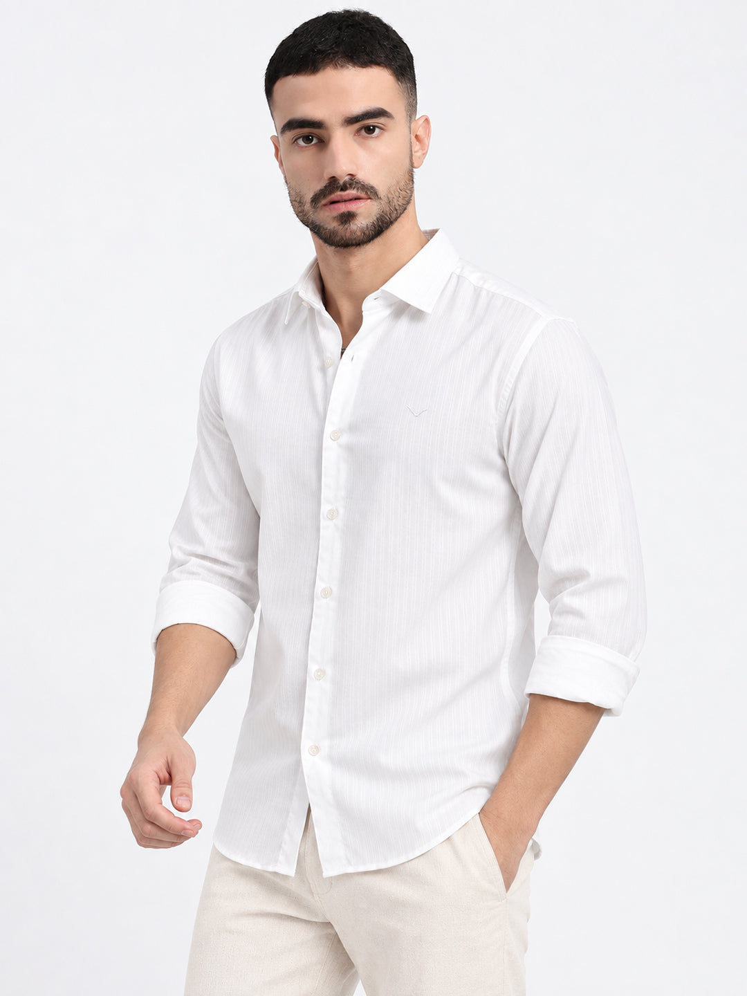 Men’s Textured White Slim Fit Long Sleeves Shirt