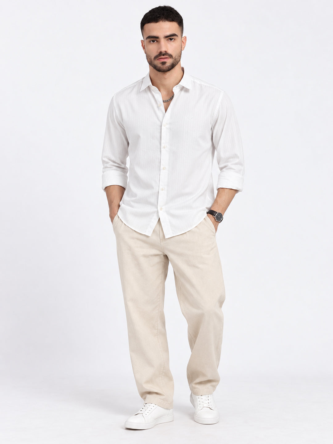 Men’s Textured White Slim Fit Long Sleeves Shirt