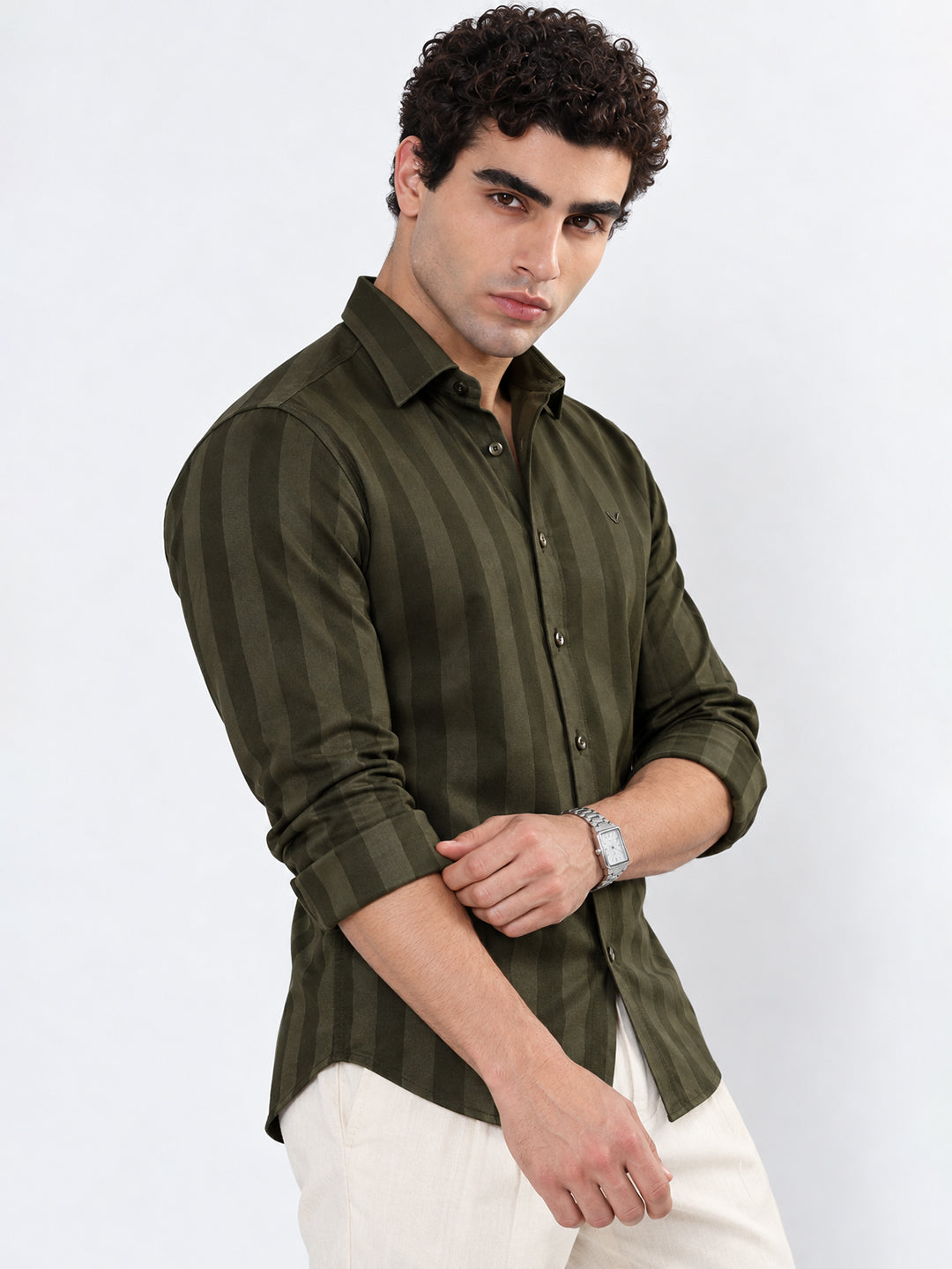 Men’s Striped Olive Slim Fit Long Sleeves Shirt