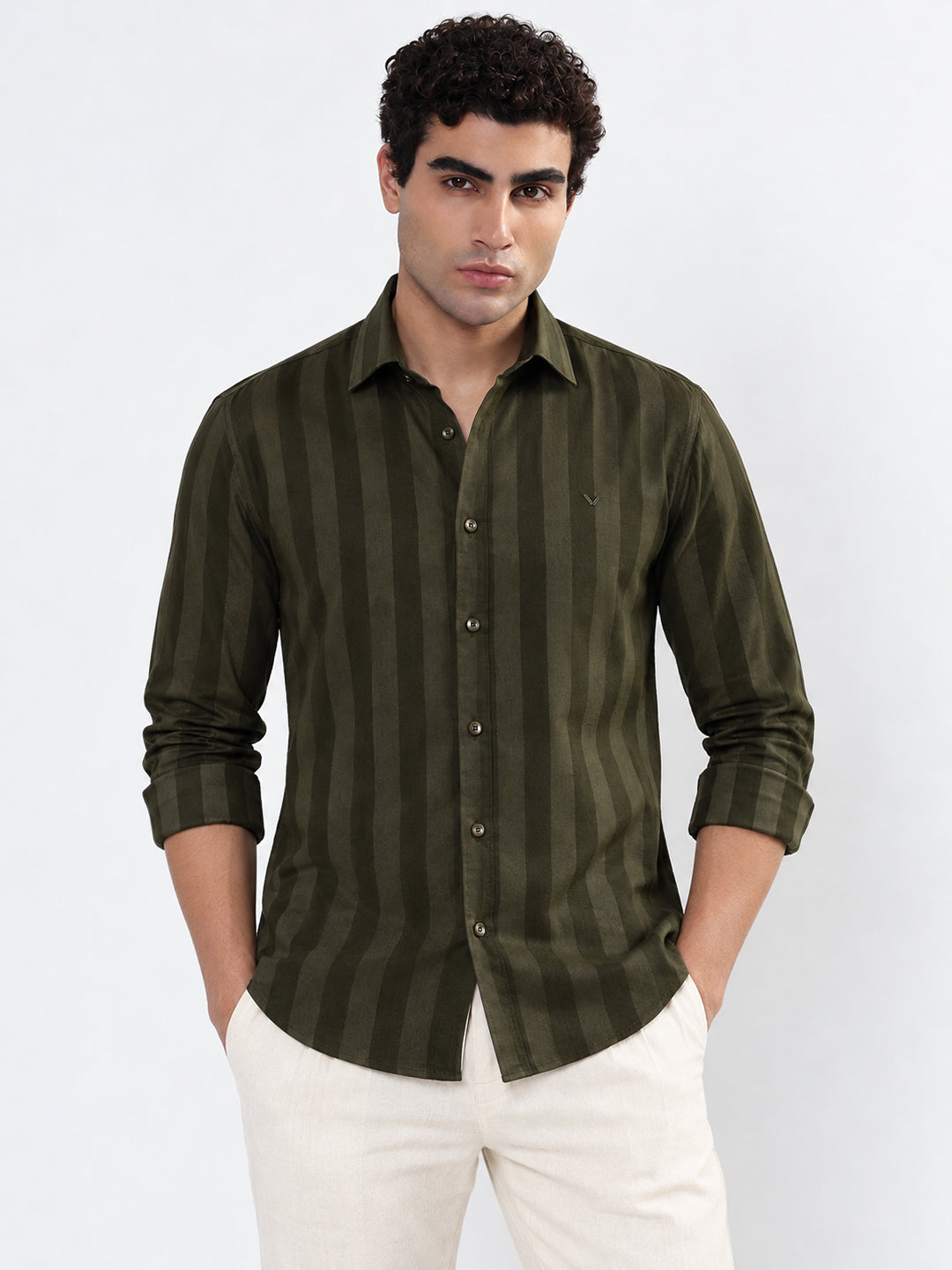 Men’s Striped Olive Slim Fit Long Sleeves Shirt