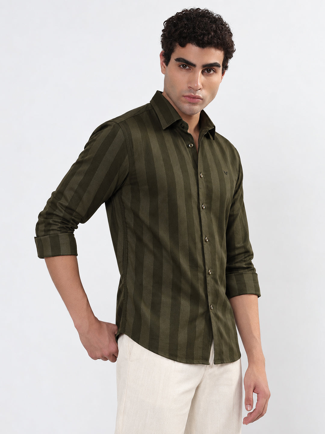 Men’s Striped Olive Slim Fit Long Sleeves Shirt