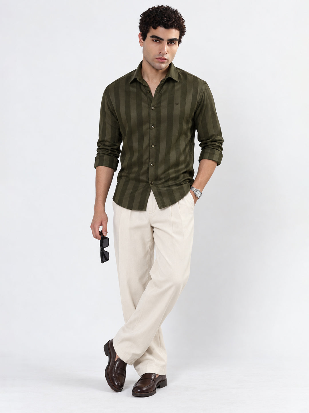 Men’s Striped Olive Slim Fit Long Sleeves Shirt