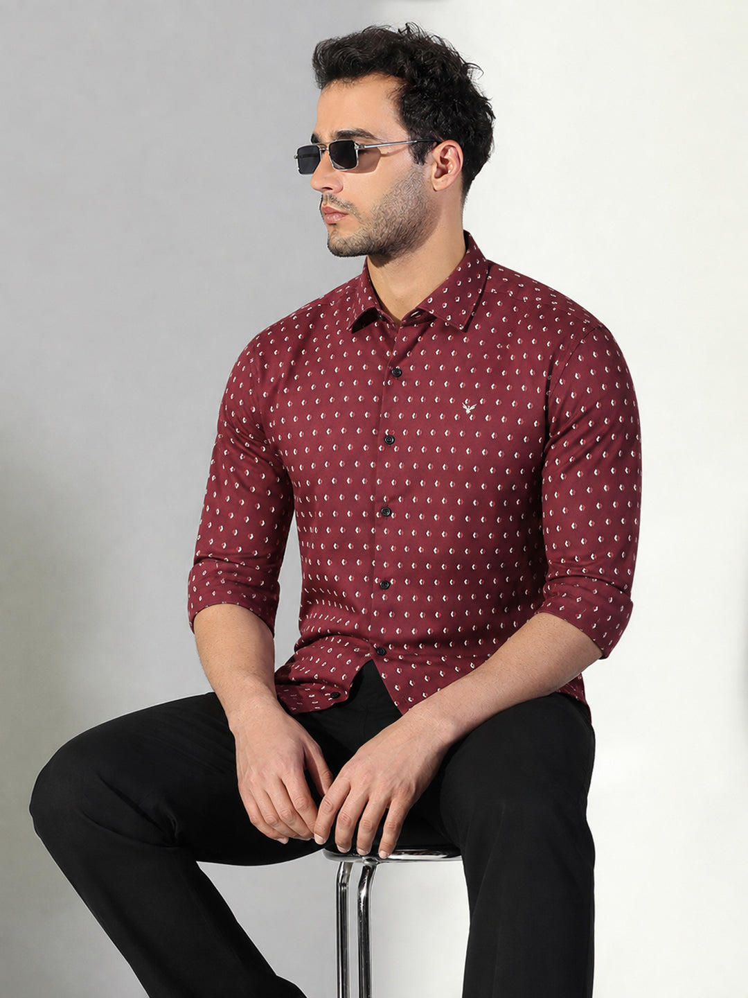 Men’s Micro Printed Maroon Slim Fit Long Sleeves Shirt with Spread Collar
