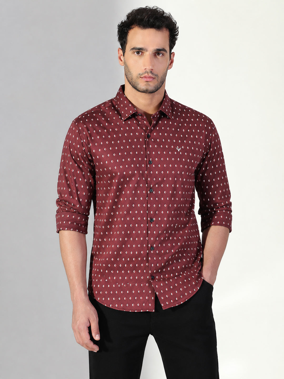 Men’s Micro Printed Maroon Slim Fit Long Sleeves Shirt with Spread Collar
