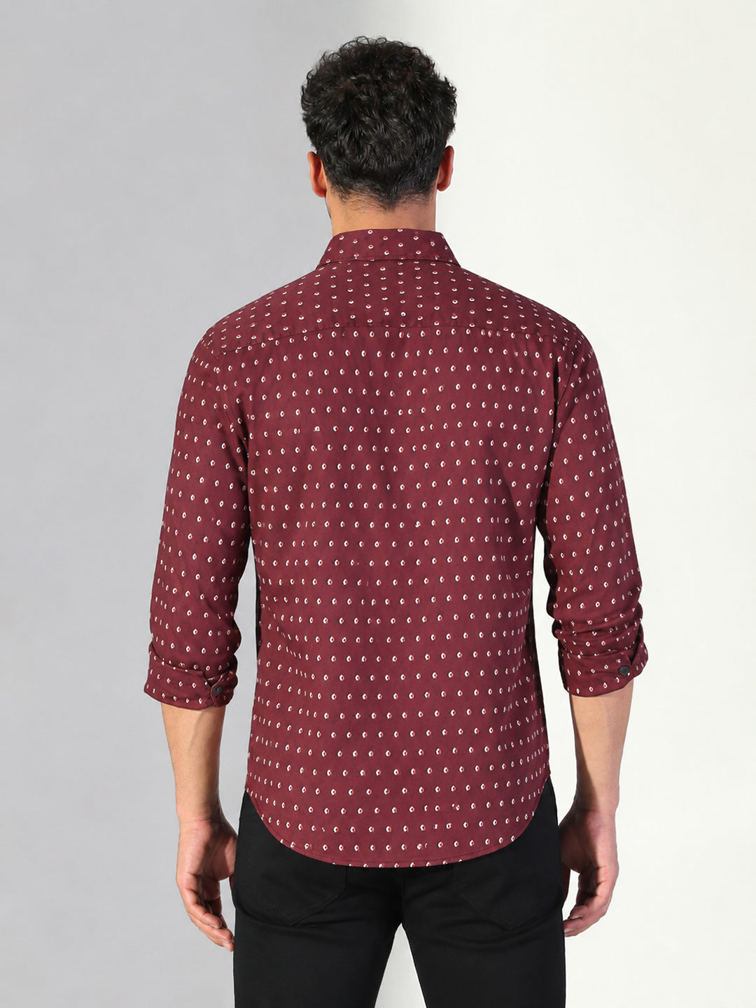 Men’s Micro Printed Maroon Slim Fit Long Sleeves Shirt with Spread Collar