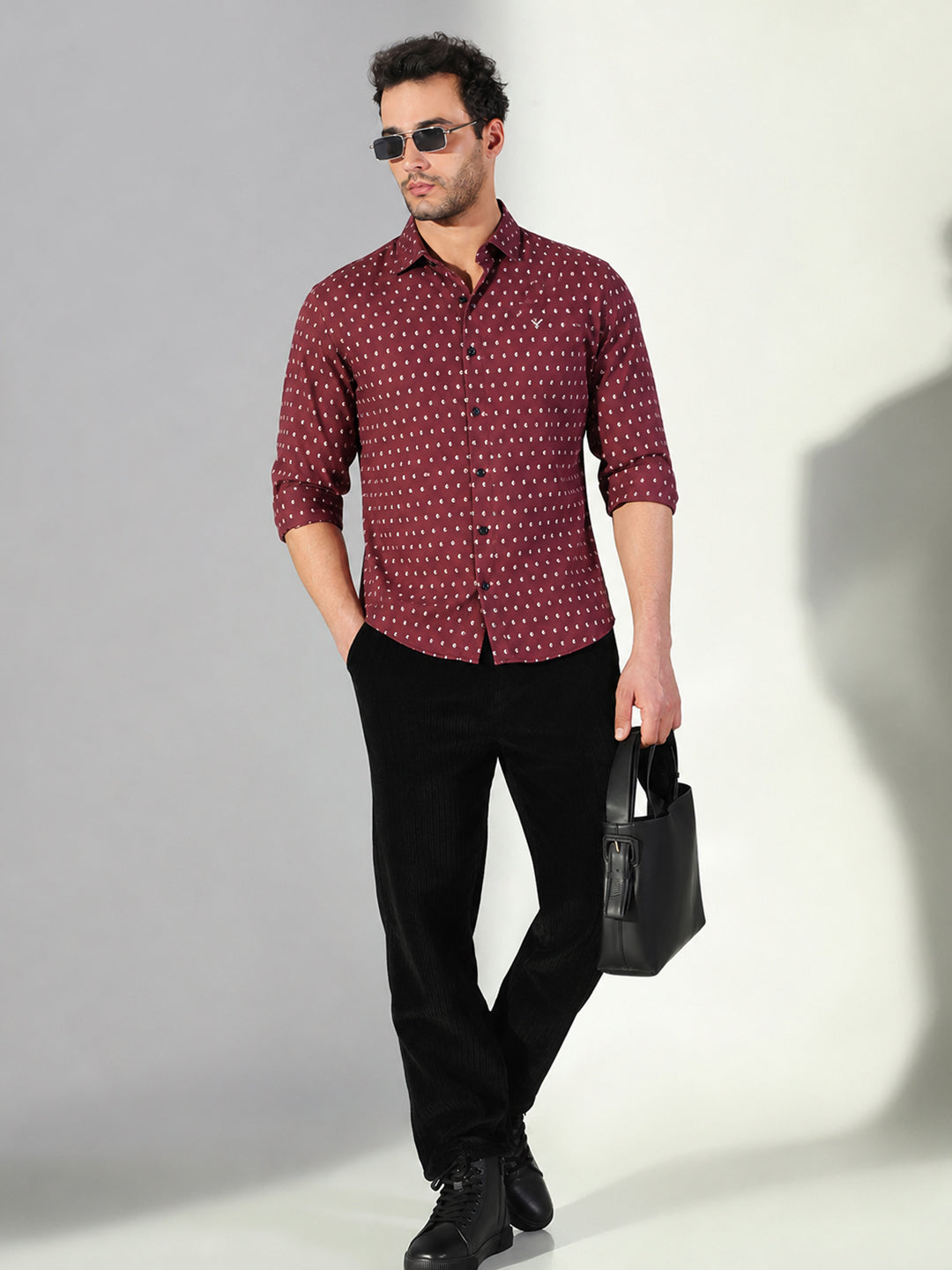 Men’s Micro Printed Maroon Slim Fit Long Sleeves Shirt with Spread Collar